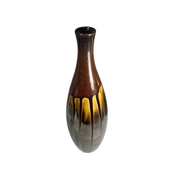 Lacquer Gold Brown Shimmer Drip Foiled Ceramic Vase TableTop Home Decor Art Deco - Picture 10 of 12